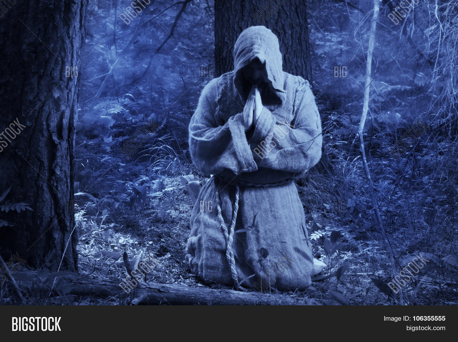 Монах отшельник в лесу