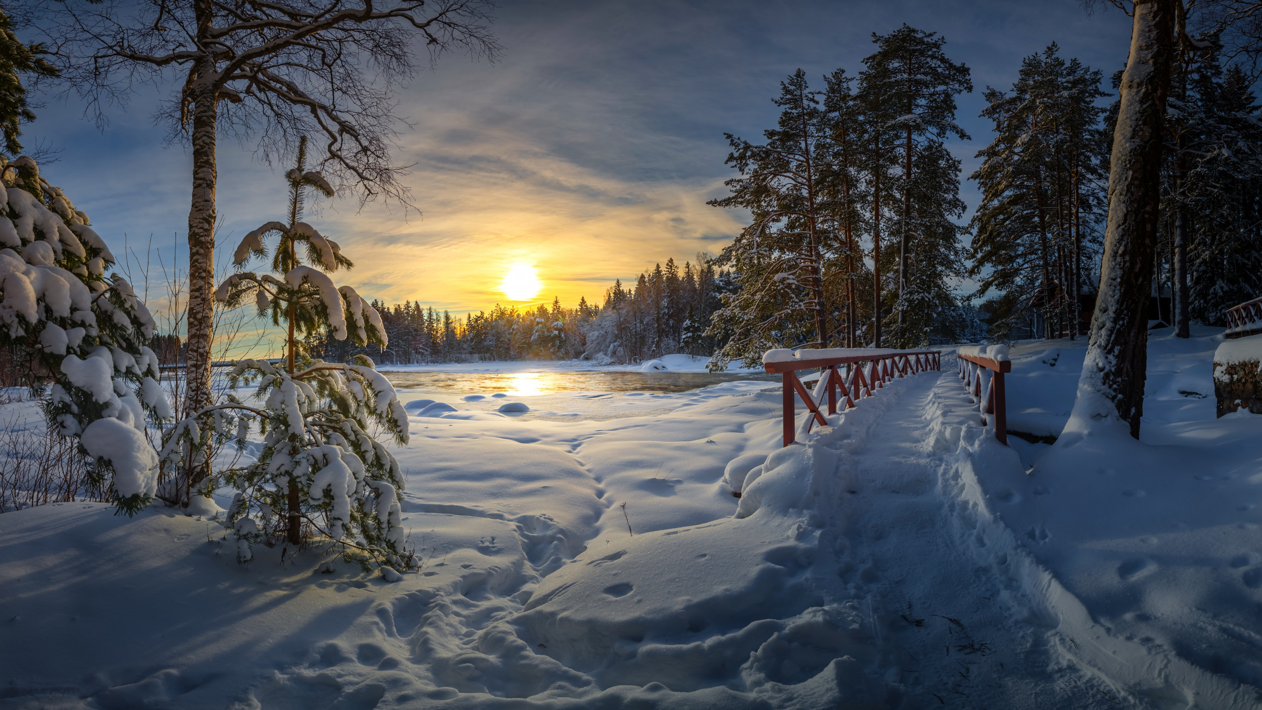 Зимний пейзаж с мостом