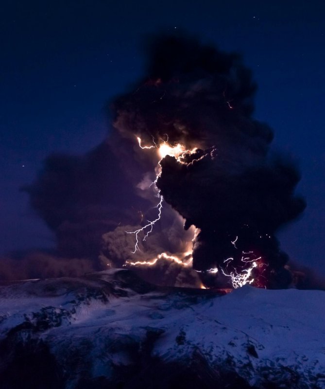 Вулканические молнии Эйяфьятлайокудль в Исландии