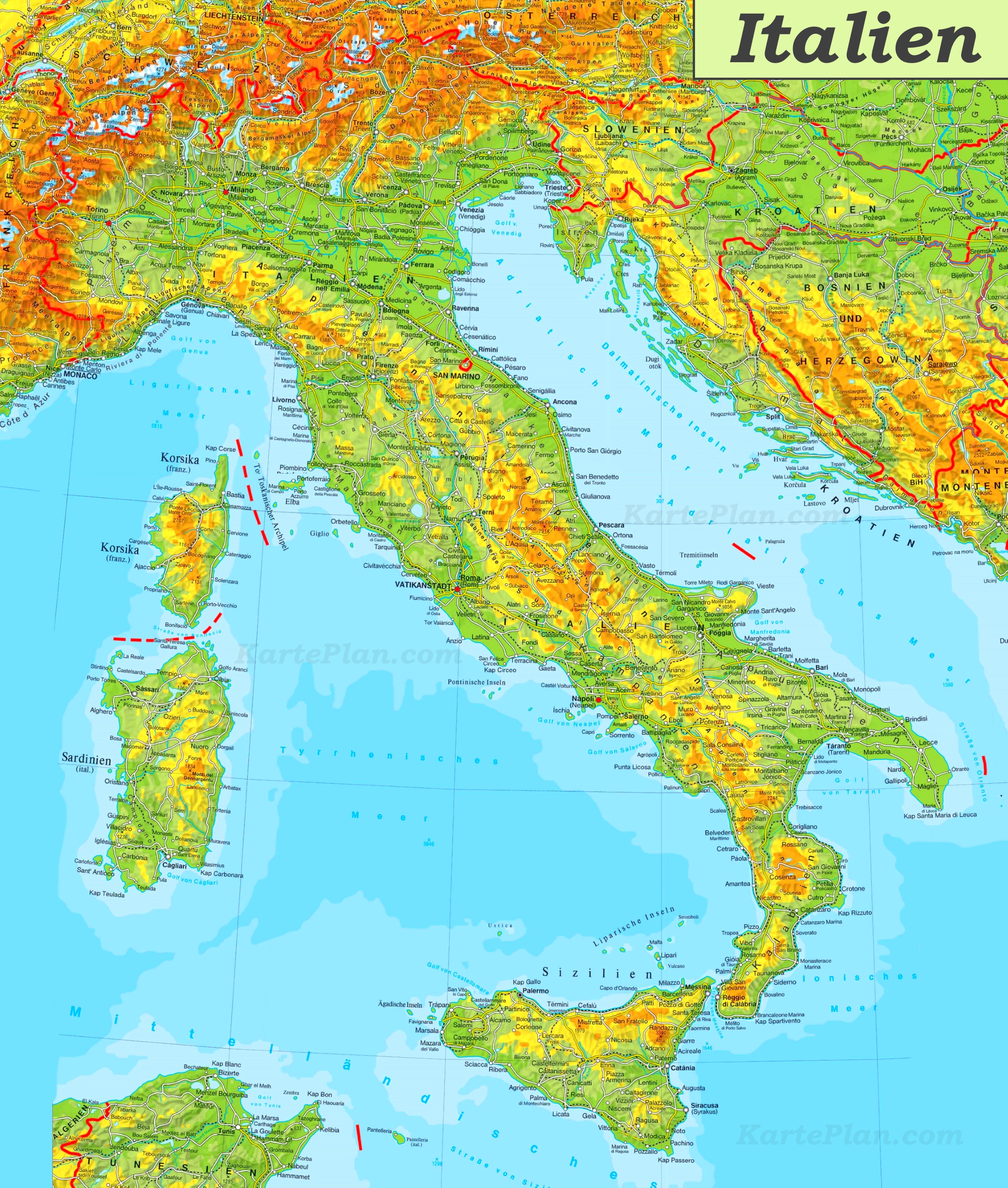 Физическая карта Италии