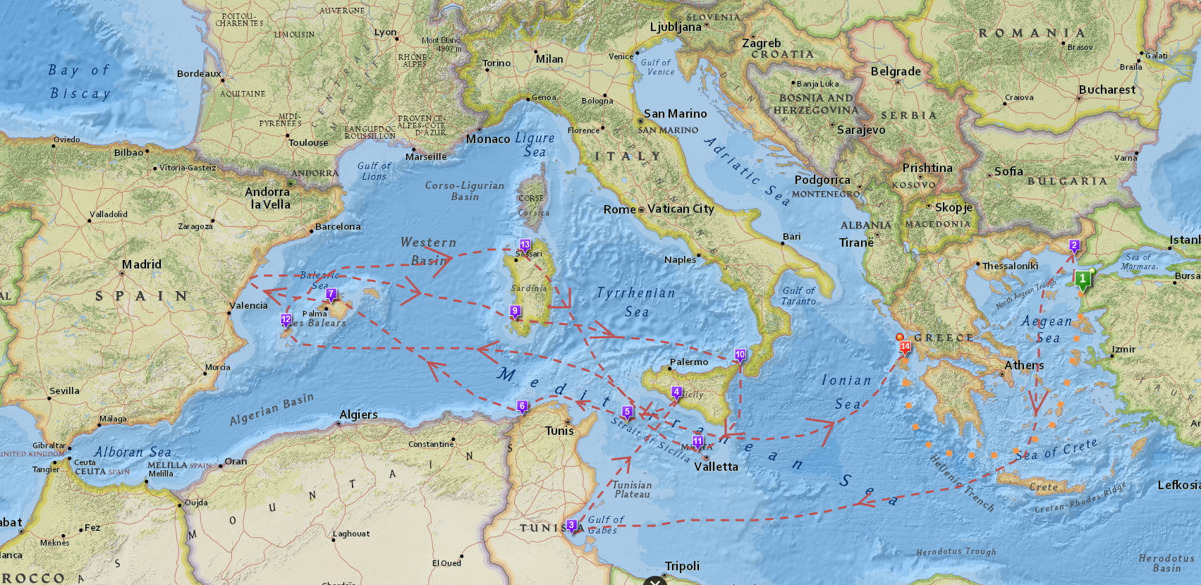 Карта путешествий Одиссея
