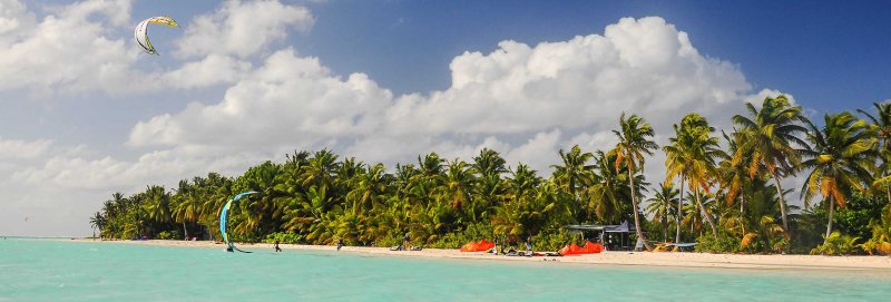 Три пальмы на острове в океане под облачным небом