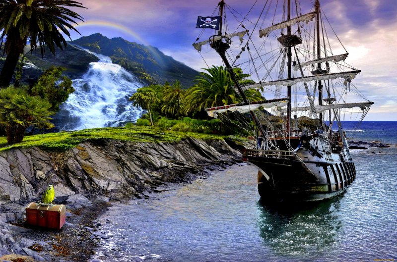 Пиратский корабль у острова остров сокровищ