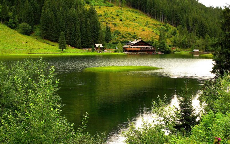 Домик в горах у озера