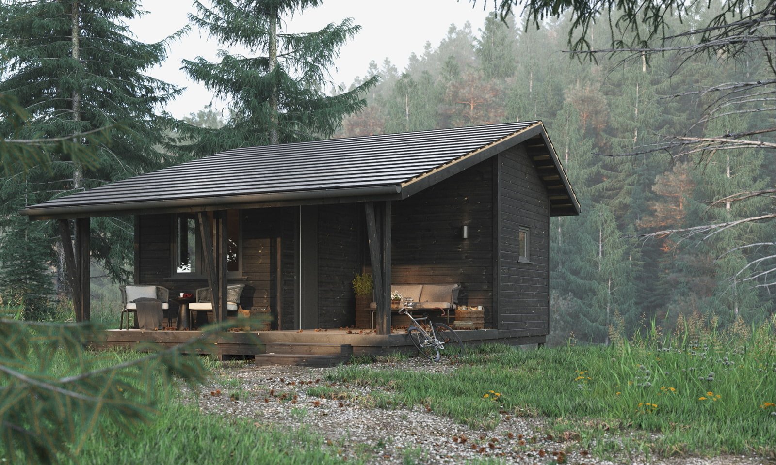Одноэтажный домик в лесу