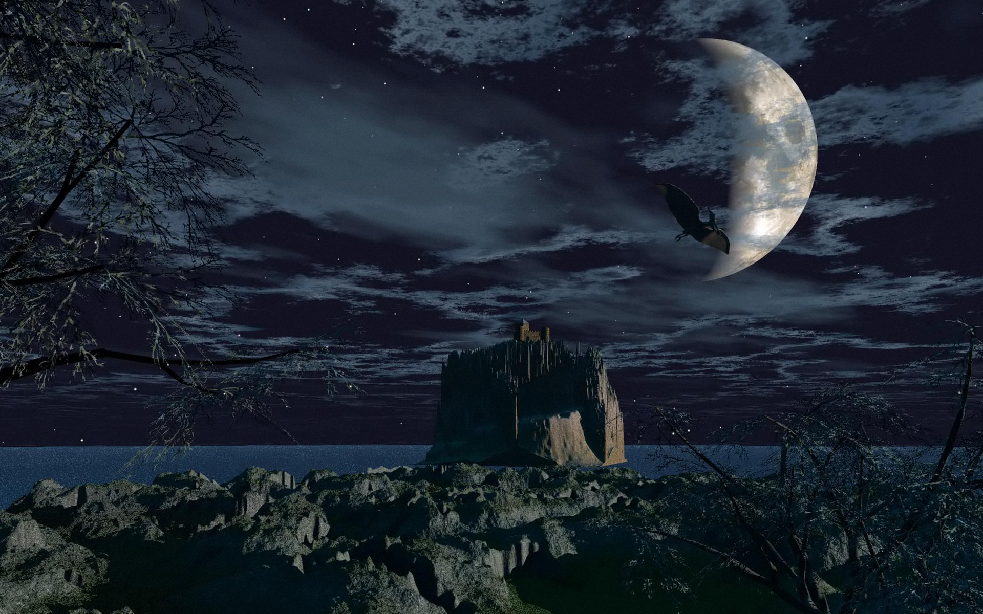 Лунная ночь. Лунный пейзаж. Мистическое полнолуние. Сумерки Луна. Лунной ночью свет загадочно