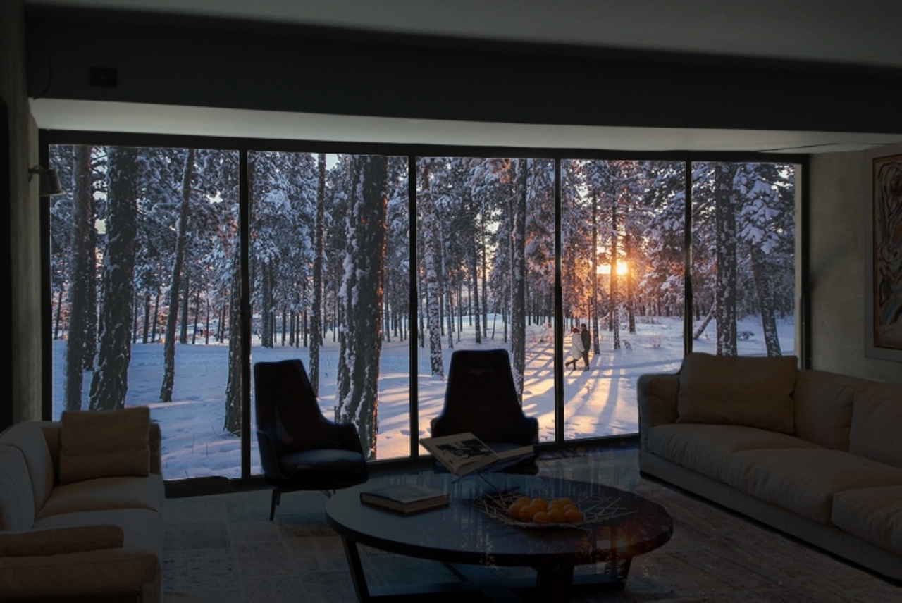 Дом с панорамными окнами зимой