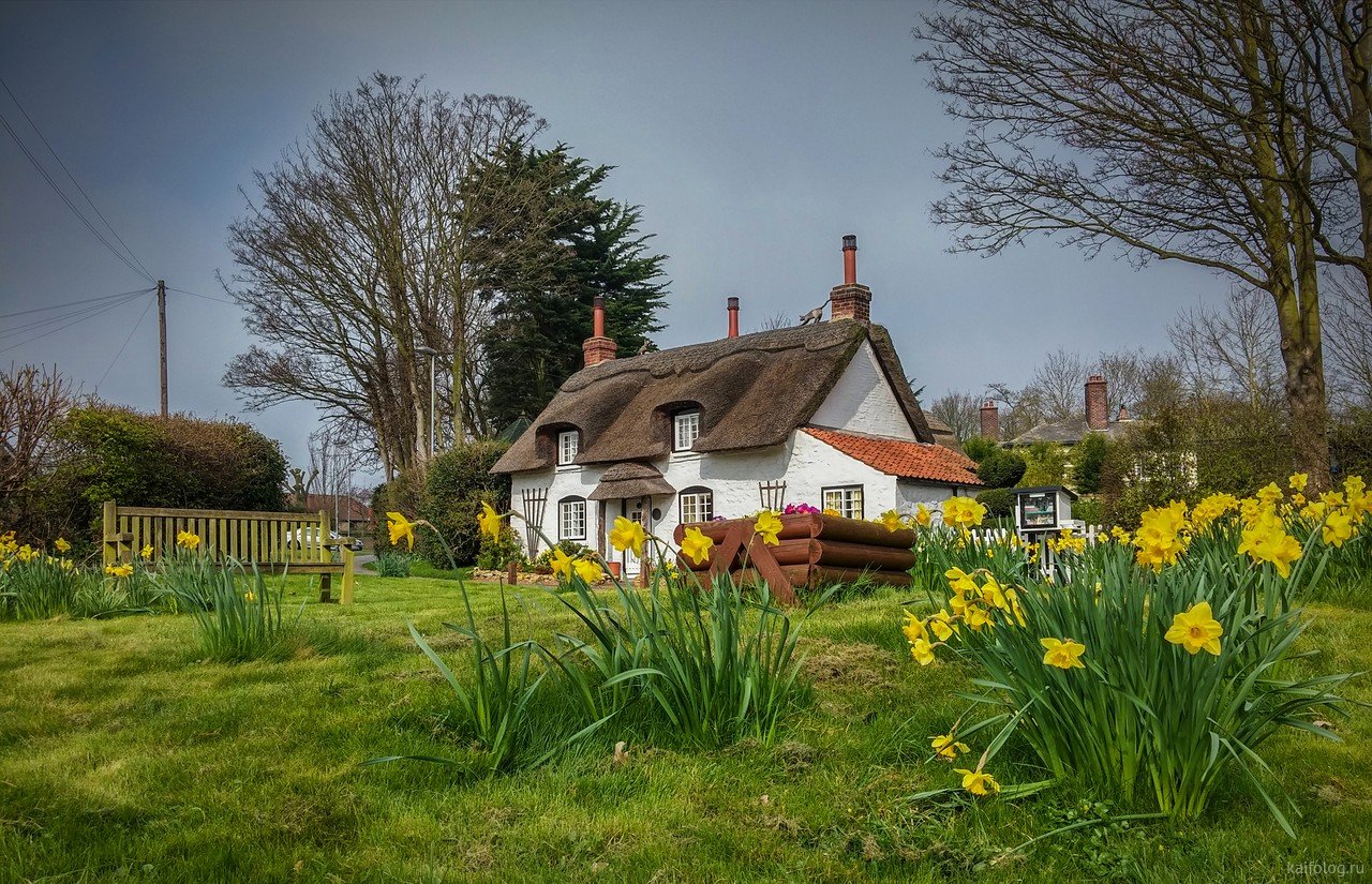 Бадингем Англия домики, озеро весной