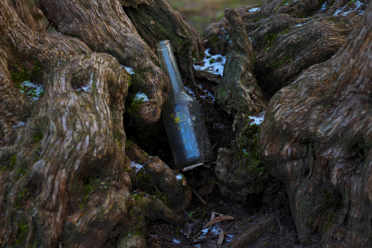 Стеклянная бутылка в кустах