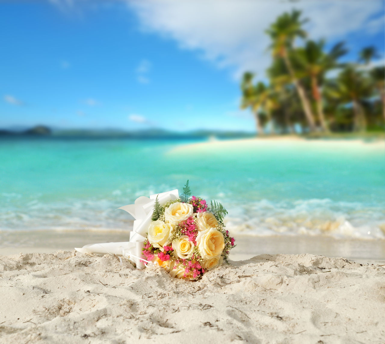 Букет цветов и берег океана