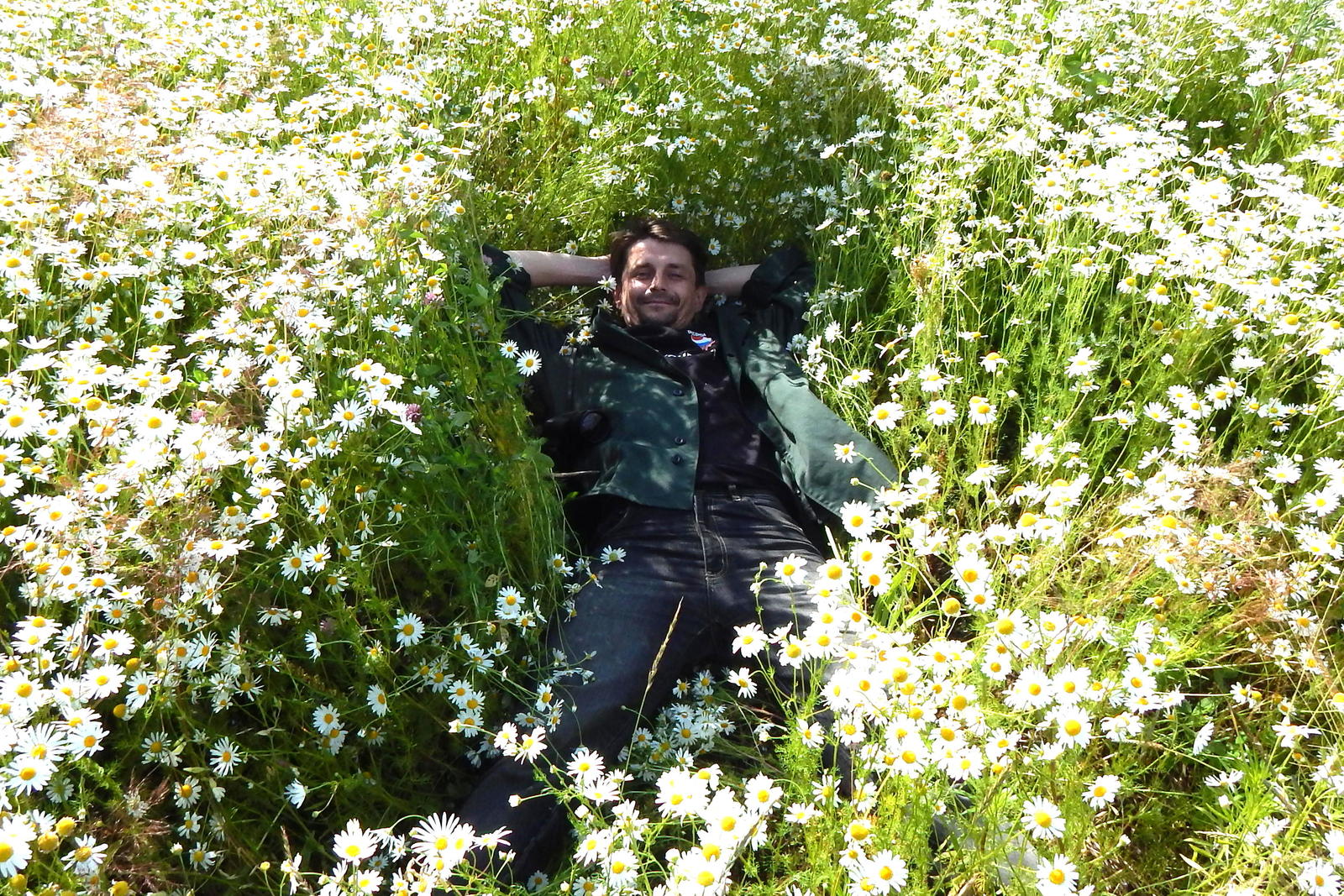 Мужчина в поле с цветами