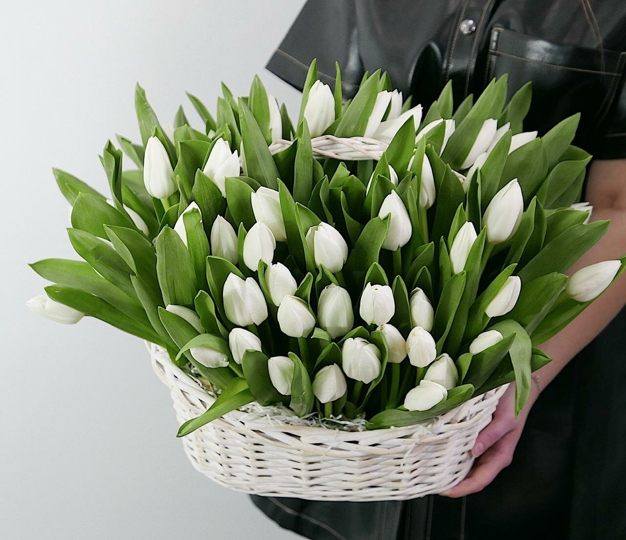 Большая корзина белых тюльпанов