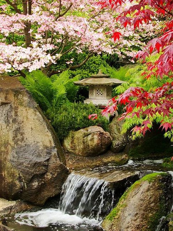 Японский сад в Ботаническом саду в Москве водопад