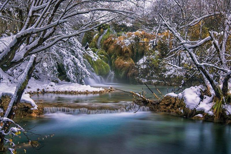 Зима лес река водопад