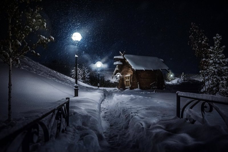 Зима деревня вечер