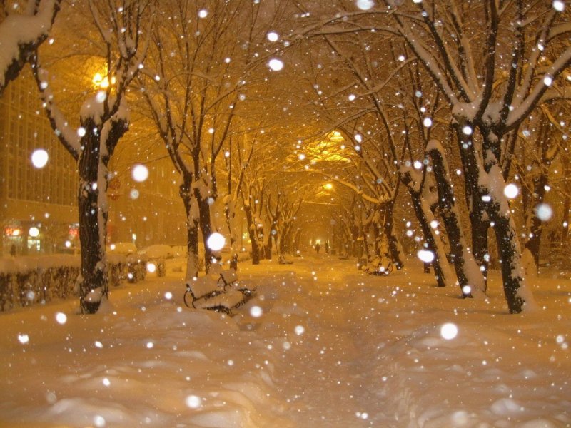 Зимний город снегопад