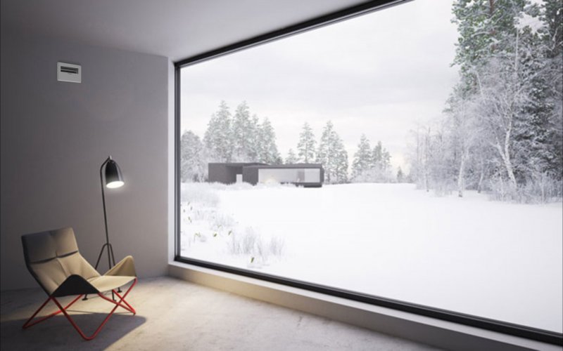 Спальня с панорамными окнами зима