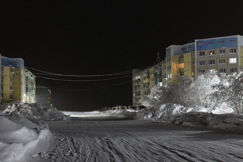 Полярная ночь в посёлке Воргашор, Воркута.