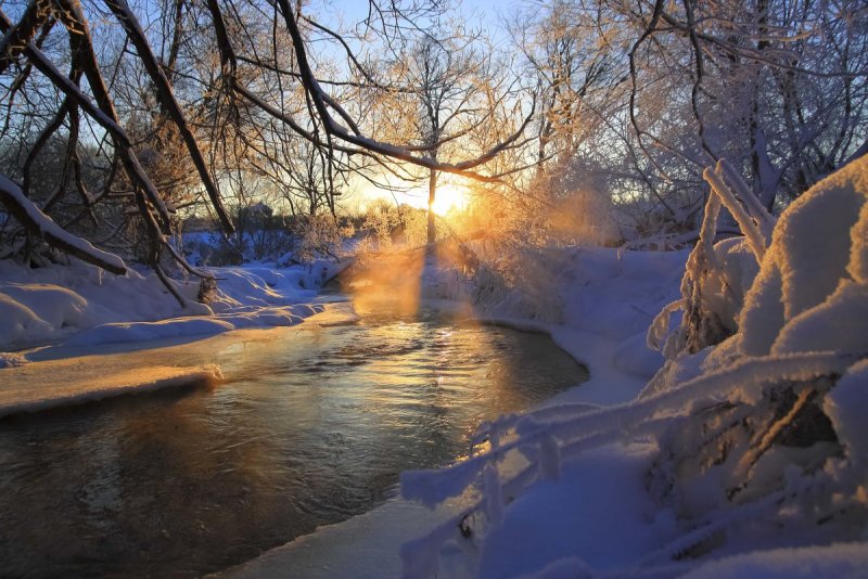 Зима лес река солнце