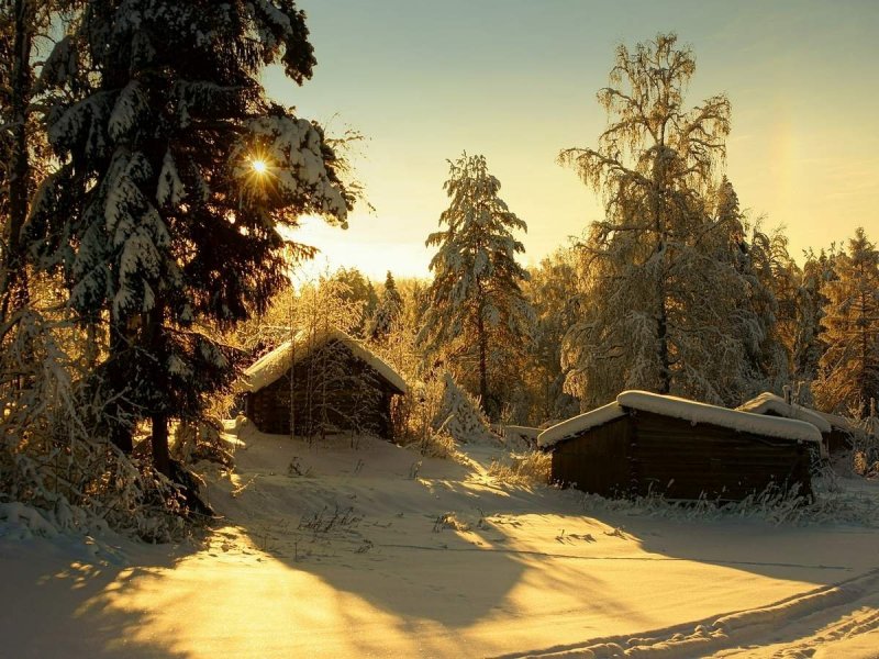 Зима Тайга изба деревня