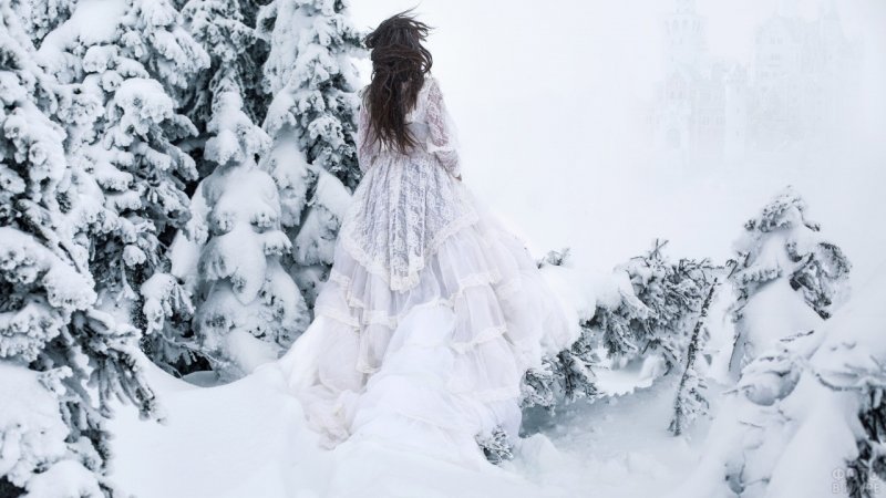 Девушка в зимнем лесу со спины