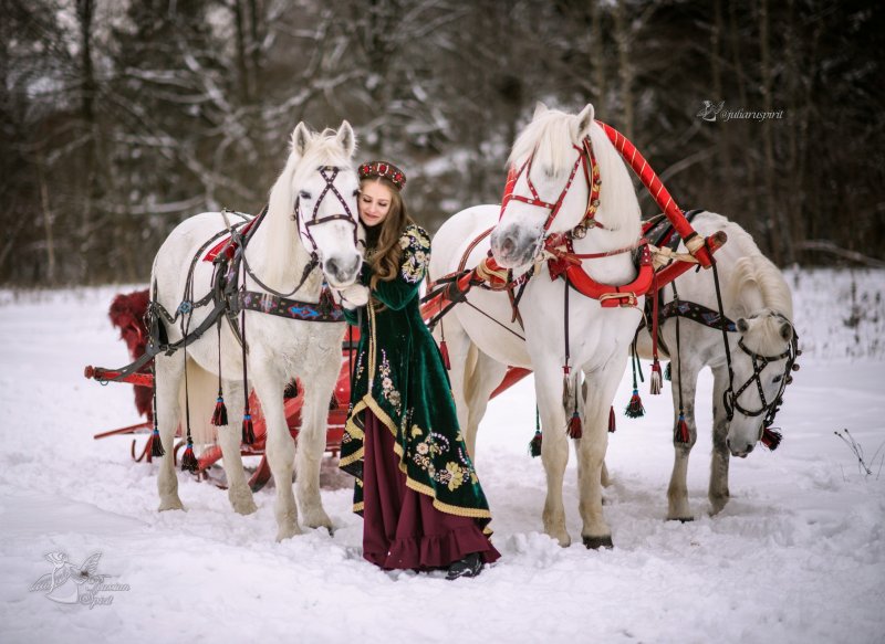 Фотосессия с лошадью зимой в русском стиле