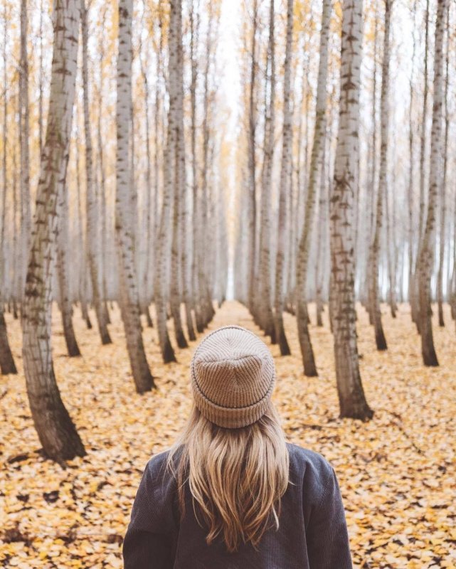 Девушка в лесу осенью со спины
