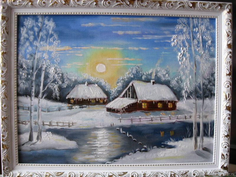 Зимний пейзаж деревня гуашью