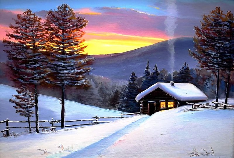 Зимний закат живопись