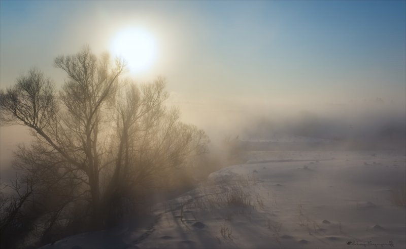 Рассвет в морозном тумане