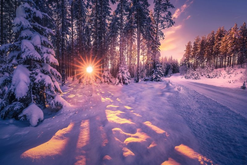 Зимний пейзаж с солнцем