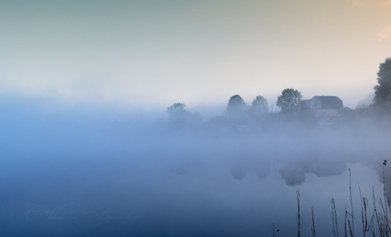 Ночь деревня озеро туман