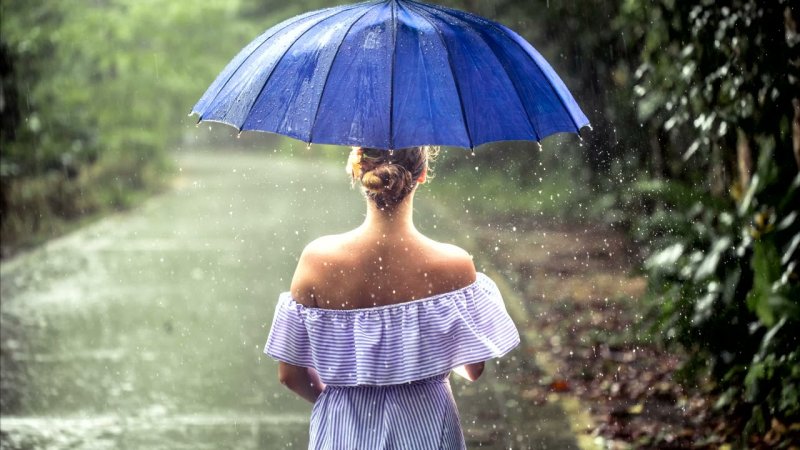 Девушка под дождем с зонтом в поле