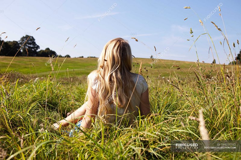 Девушка блондинка со спины в поле