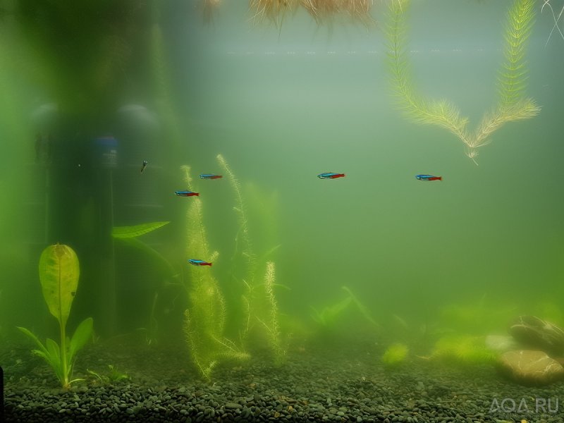 В аквариуме мутная зеленоватая вода как кисель