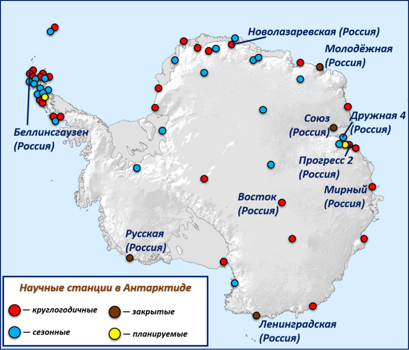 Научные станции в Антарктиде на карте