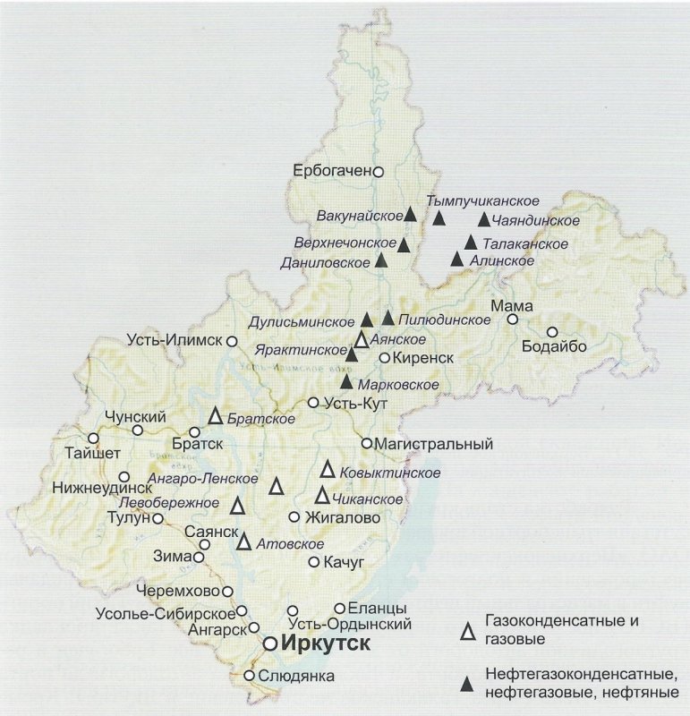Газовые месторождения Иркутской области на карте