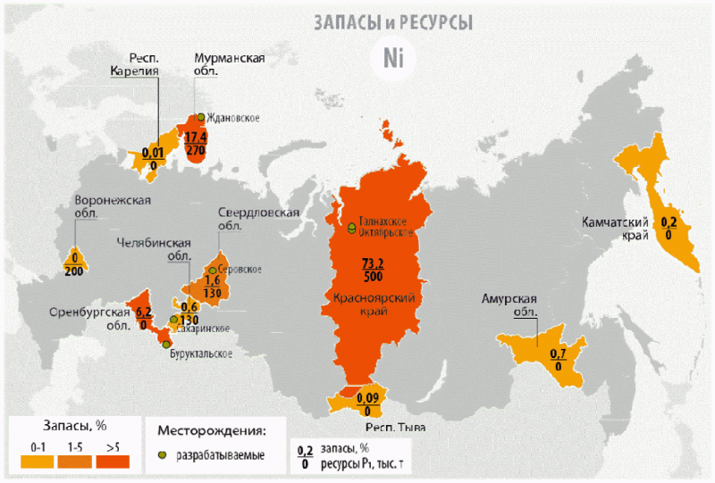 Месторождения никеля в России на карте