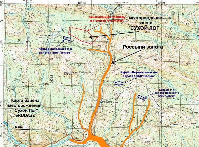 Месторождение сухой Лог на карте Иркутской области